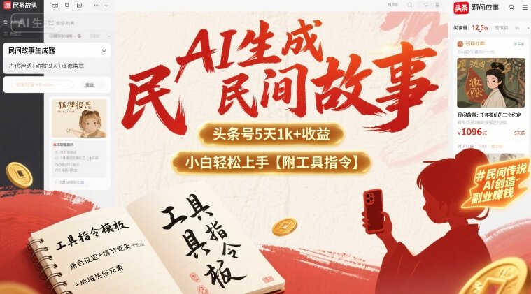 AI生成民间故事，头条号5天1k+，小白轻松上手【附工具指令】-驿想项目网
