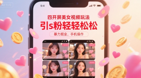 四开屏美女视频玩法，引s粉轻轻松松，暴力掘金，手机操作【揭秘】-驿想项目网