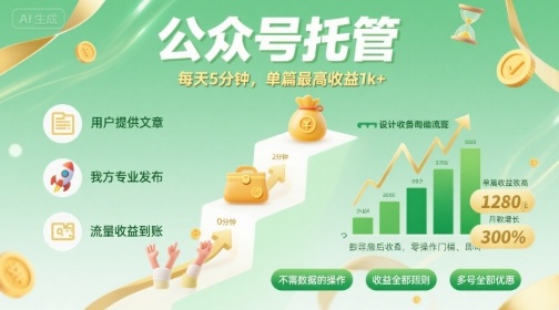 【公众号托管 】我提供文章，你发布，每天5分钟，单篇最高收益1k+【揭秘】-驿想项目网