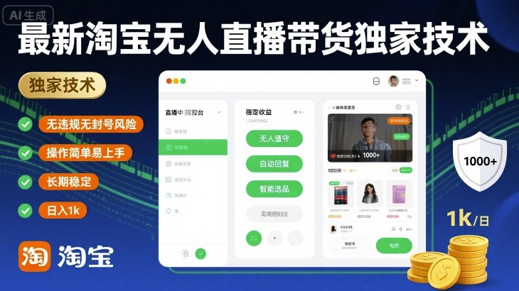 最新淘宝无人直播带货独家技术，无违规无封号风险，操作简单易上手，长期稳定日入1k【揭秘】-驿想项目网