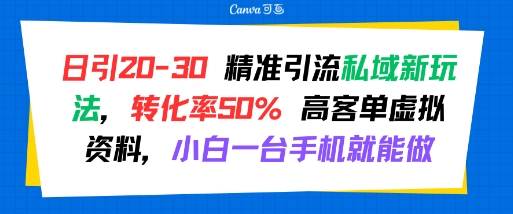 日引 20-30 精准引流私域新玩法，转化率50% 高客单虚拟资料，小白一台手机就能做-驿想项目网
