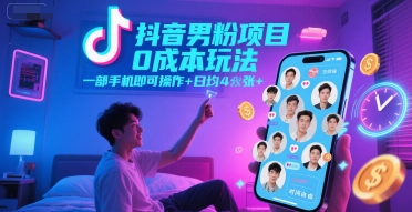 抖音男粉项目0成本玩法，一部手机即可操作，日均4张+，时间自由-驿想项目网