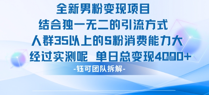 全新男粉变现项目引流人群35以上的男粉消费能力大 经过实测单日变现1k+-驿想项目网