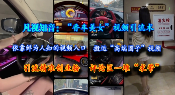 凡视知音：“香车美女”视频引流术，依靠鲜为人知的视频入口，搬运“高端圈子”视频，引流精准创业粉，评论区一堆“求带”-驿想项目网