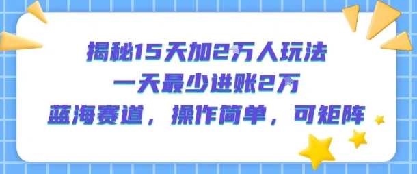 揭秘15天加2W人玩法，一天最少2万进账，蓝海赛道，操作简单，可矩阵-驿想项目网