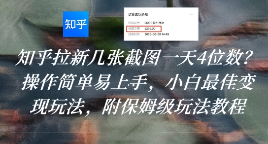 知乎拉新几张截图一天4位数？操作简单易上手，小白最佳变现玩法，附保姆级玩法教程-驿想项目网