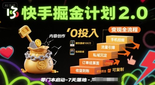 快手掘金计划2.0，快手电商变现全流程，简单可复制，0投入-驿想项目网
