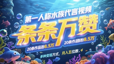 第一人称水族代言视频，条条万赞，20条作品涨粉7.8W，多种变现方式月入五位数-驿想项目网