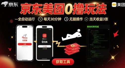 京东美团平台最新0撸玩法，全自动挂G，每天30分钟，无脑操作，当天收益3张【揭秘】-驿想项目网