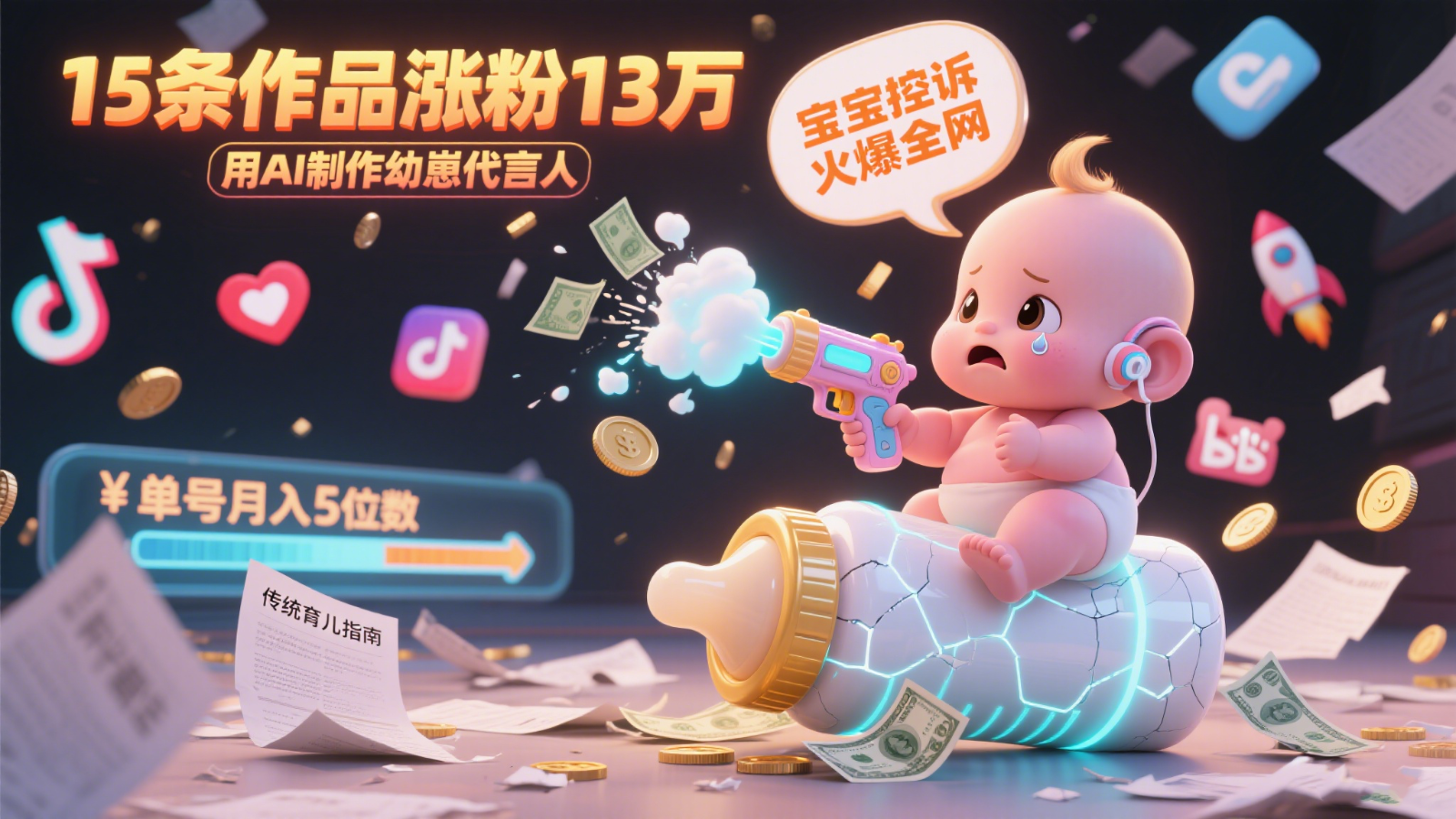 用AI制作幼崽代言人，宝宝的控诉火爆全网，15条作品涨粉13万，单号月入5位数实操教程-驿想项目网