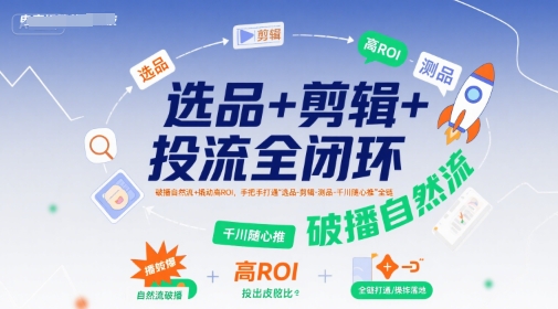 选品+剪辑+投流全闭环，破播自然流+撬动高ROI，手把手打通“选品-剪辑-测品-千川随心推”全链-驿想项目网