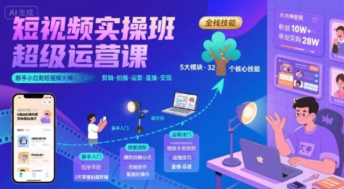 短视频实操班超级运营课，新手小白到短视频大神必修课程，剪辑-拍摄-运营-直播-变现-驿想项目网