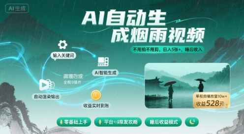 不用拍不用剪！AI自动生成烟雨视频，日入5张+，睡后收入-驿想项目网