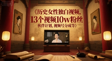 历史女性独白视频，13个视频10w粉丝，伙伴计划，视频号分成等-驿想项目网