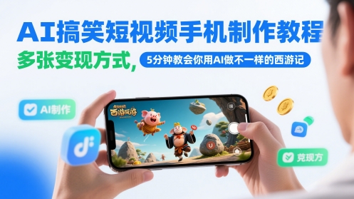 AI搞笑短视频手机制作教程，多张变现方式，5分钟教会你用AI做不一样的西游记-驿想项目网