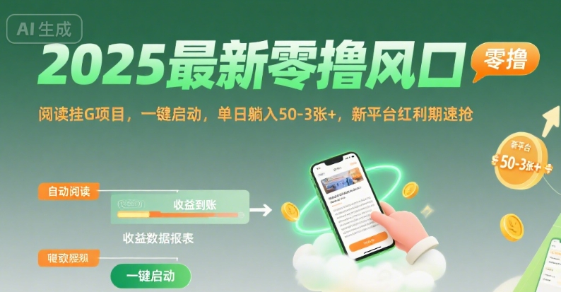 2025最新零撸风口，阅读挂G项目，一键启动，单日躺入 50-3张+，新平台红利期速抢【揭秘】-驿想项目网