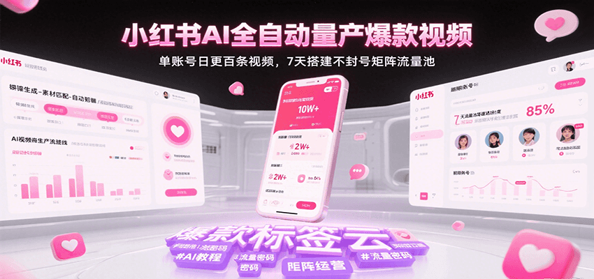 小红书AI全自动量产爆款视频，单账号日更百条视频，7天搭建不封号矩阵流量池-驿想项目网