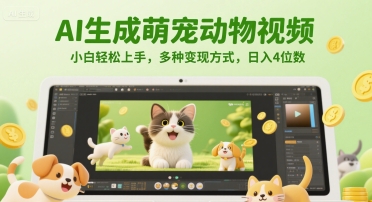 AI生成萌宠动物视频，小白轻松上手，多种变现方式，日入4位数-驿想项目网