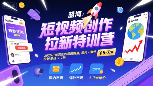 短视频创作拉新特训营，2025开年真正的蓝海赛道，国内+海外，拉新单价5-7米-驿想项目网
