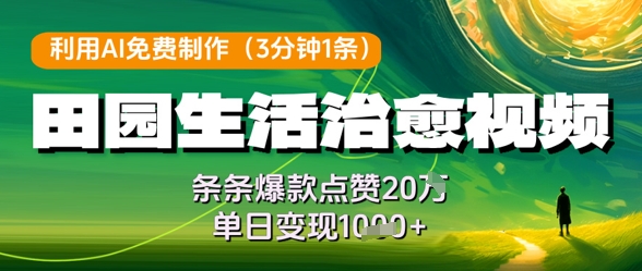 利用AI免费制作田园生活治愈视频，条条爆款点赞20W，单日变现几张-驿想项目网