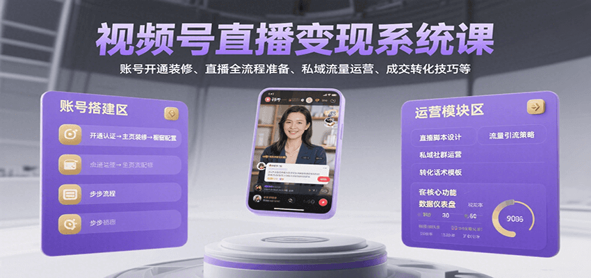 视频号直播变现系统课，账号开通装修、直播全流程准备、私域流量运营、成交转化技巧等-驿想项目网