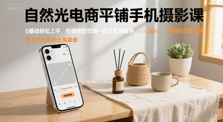 自然光电商平铺手机摄影课，0基础轻松上手，拍摄修图剪辑一站式实操教学，用手机也能拍出高级感-驿想项目网