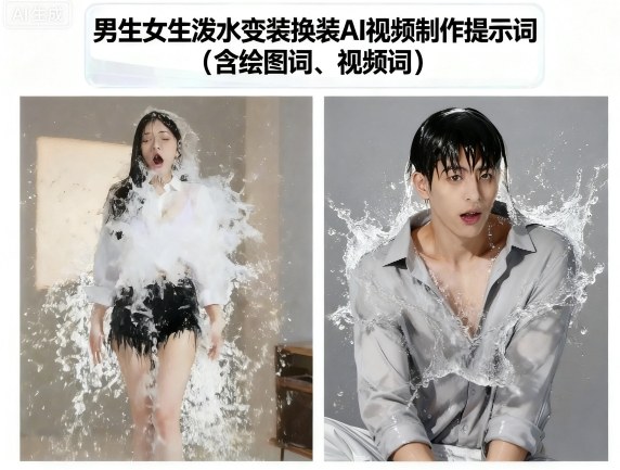男生女生泼水变装换装AI视频制作提示词(含绘图词、视频词)-驿想项目网