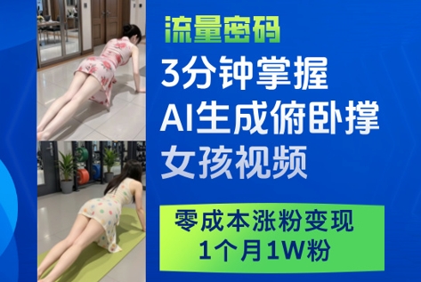 3分钟掌握AI生成俯卧撑女孩视频，零成本涨粉变现，1个月1W粉-驿想项目网