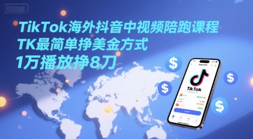 TikTok海外抖音中视频陪跑课程，TK最简单挣美金方式，1万播放挣8刀-驿想项目网