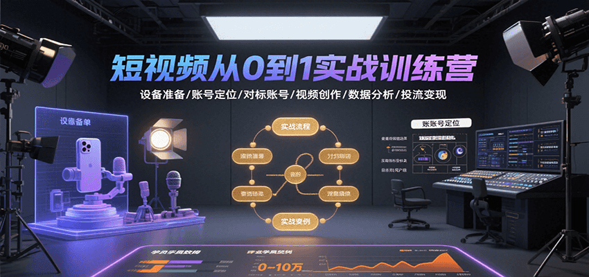 短视频从0到1实战训练营：设备准备/账号定位/对标账号/视频创作/数据分析/投流变现-驿想项目网