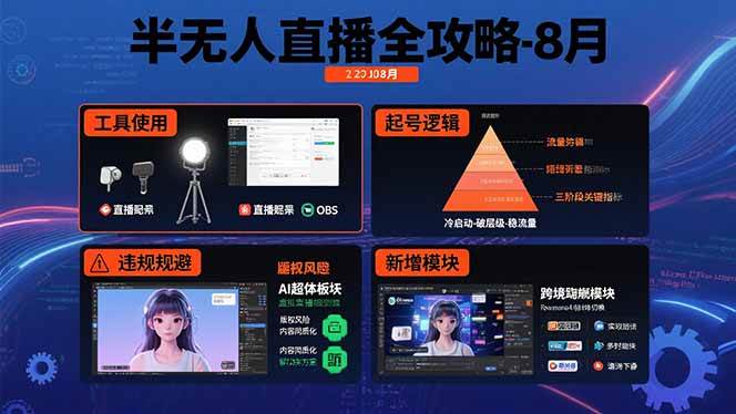 （15669期）半无人直播全攻略-8月：工具使用+起号逻辑+违规规避,新增AI超体与跨境模块-驿想项目网