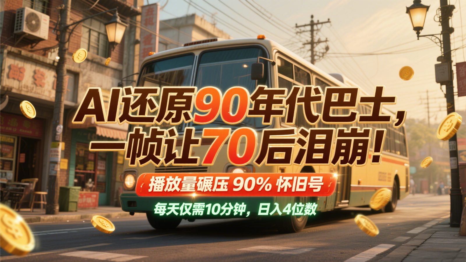 AI还原90年代巴士，一帧让70后泪崩！播放量碾压90%怀旧号，每天10分钟，日入4位数-驿想项目网