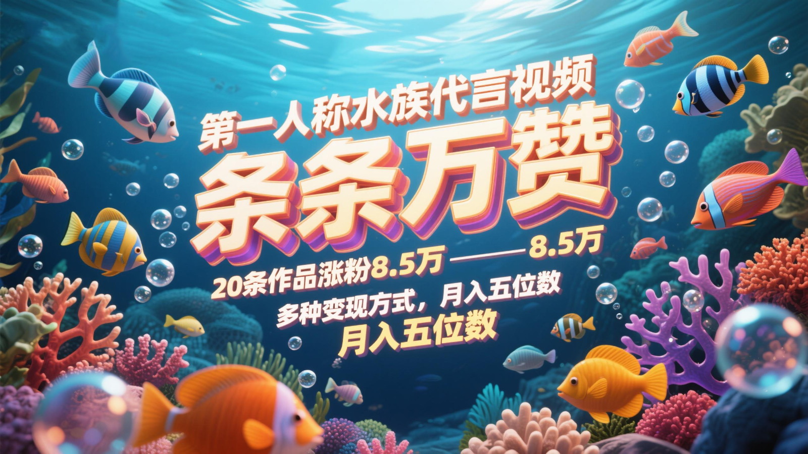 第一人称水族代言视频，条条万赞，20条作品涨粉8.5万，多种变现方式月，入五位数-驿想项目网