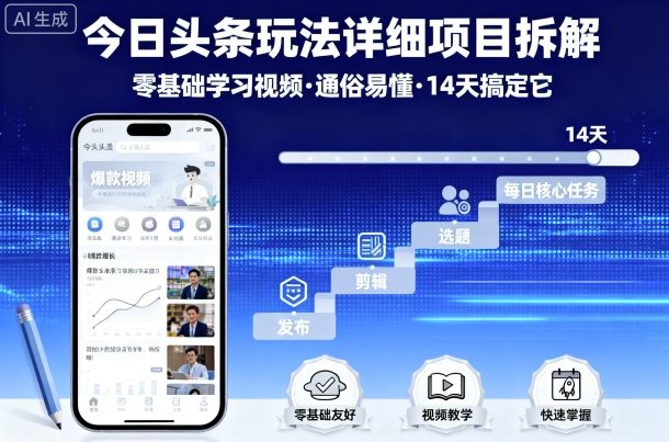 今日头条玩法详细项目拆解，零基础学习视频 通俗易懂 14天搞定它-驿想项目网