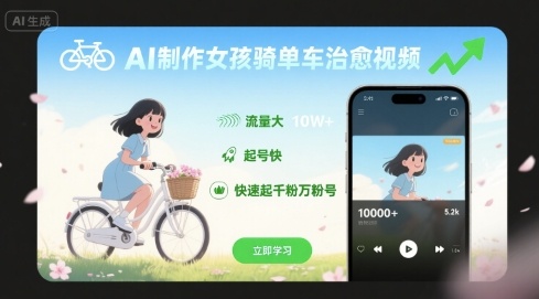 AI制作女孩骑单车治愈视频，流量大，起号快，快速起千粉万粉号-驿想项目网