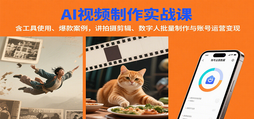 AI视频制作实战：含工具使用、爆款案例，讲拍摄剪辑、数字人批量制作与账号运营变现-驿想项目网