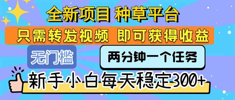 （15413期）全新项目 种草平台 只需要转发任务视频 即可获得收益 新手小白每天300+-驿想项目网