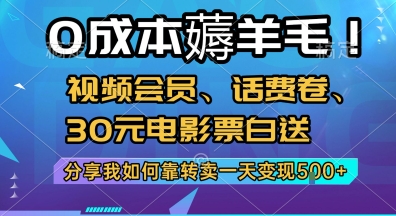 0成本薅羊毛!视频会员、话费卷、30元电影票白送，分享我如何靠转卖一天变现5张+【揭秘】-驿想项目网