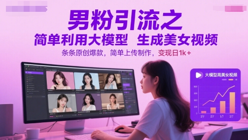 男粉引流之简单利用大模型生成美女视频，条条原创爆款，简单上传制作，变现日1k+-驿想项目网