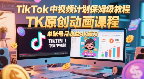 TikTok中视频计划保姆级教程，TK原创动画课程，单账号月收益4k美刀-驿想项目网