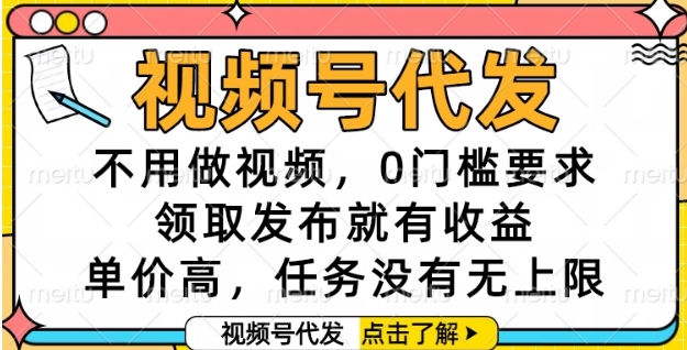 视频号代发，不用做视频，0门槛要求，领取发布就有收益，单价高，任务没有无上限【揭秘】-驿想项目网