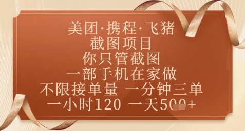 飞猪美团截图项目，你只管截图，一部手机在家做，正规平台无套路，一天5张+【揭秘】-驿想项目网
