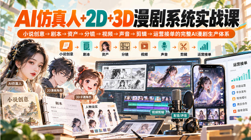 【无水印】AI仿真人+2D+3D漫剧系统实战课，小说创意→剧本→资产→分镜→视频→声音→剪辑→运营接单的完整AI漫剧生产体系-驿想项目网