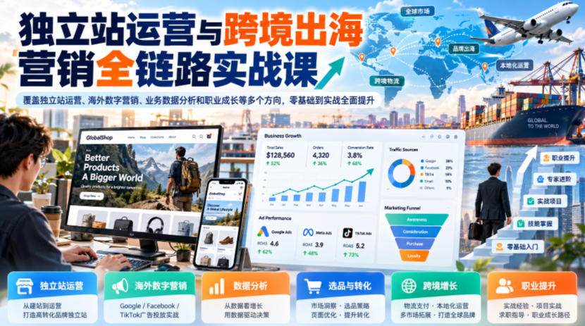 独立站运营与跨境出海营销全链路实战课，覆盖独立站运营、海外数字营销、业务数据分析和职业成长等多个方向，零基础到实战全面提升-驿想项目网