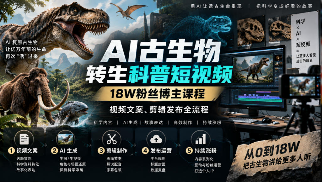 AI古生物转生科普短视频，18W粉丝博主课程，视频文案、剪辑发布全流程-驿想项目网