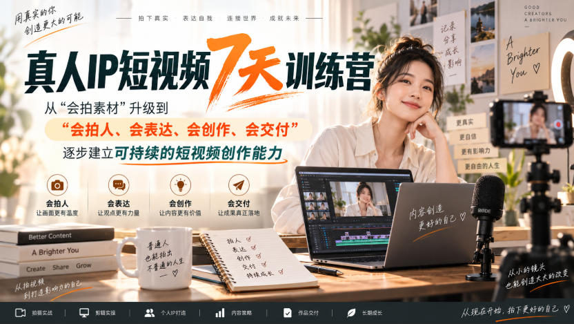 真人IP短视频7天训练营，从“会拍素材”升级到“会拍人、会表达、会创作、会交付”，逐步建立可持续的短视频创作能力-驿想项目网
