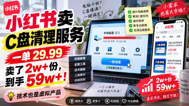 小红书卖C盘清理服务，一单29.99，卖了2w+份，技术也是虚拟产品-驿想项目网