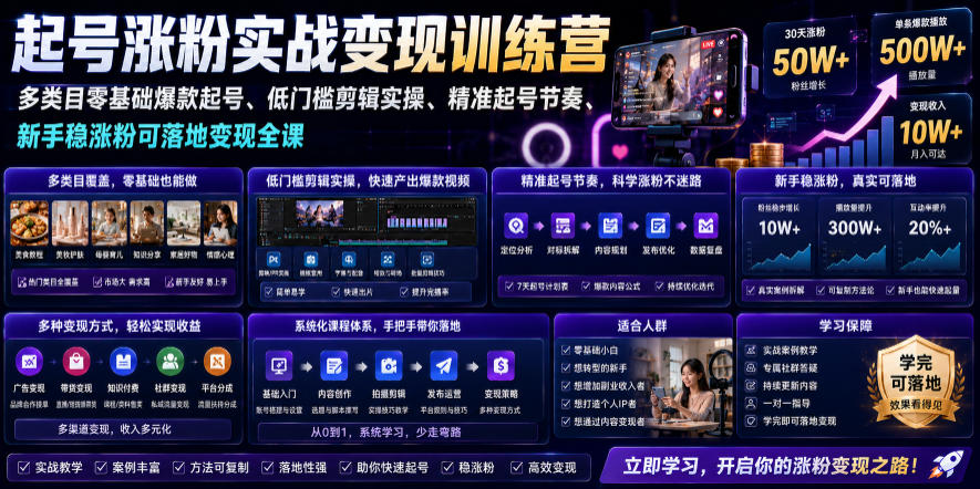 苗子起号涨粉实战变现训练营，多类目零基础爆款起号、精准起号节奏、新手稳涨粉可落地变现全课（更新0719）-驿想项目网