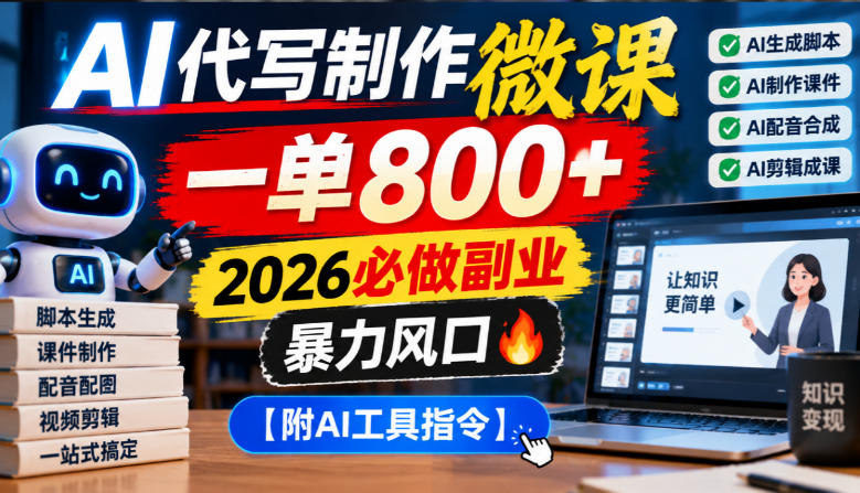 AI代写制作微课,一单800+,2026必做副业,暴力风口【附AI工具指令】【揭秘】-驿想项目网