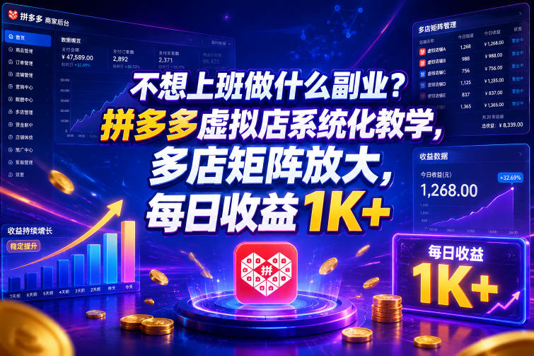 不想上班做什么副业?拼多多虚拟店系统化教学,多店矩阵放大,每日收益1K+【揭秘】-驿想项目网